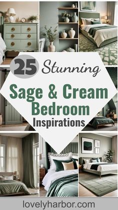 the 25 stunning sage and cream bedroom inspirations are featured in this postcard design