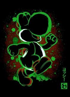 an image of a cartoon character in green and red paint splattered on a black background