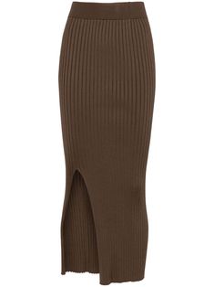 cedar brown ribbed knit elasticated waistband front slit straight hem pull-on style Midi Skirt Brown, Ribbed Skirt, Knit Midi Skirt, Yoko London, City Dress, Skirt Fits, Summer Beach Wear, Knit Midi, Fitted Skirt