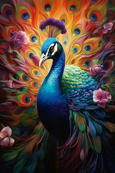 a painting of a peacock with colorful feathers on it's head and tail, surrounded by flowers