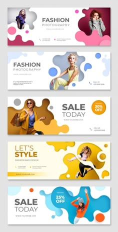 three banners with different colors and shapes for the sale of fashion items, including one woman in