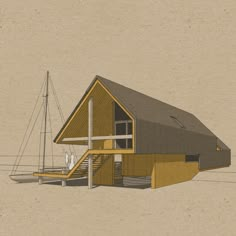 a drawing of a house with a boat in the front yard and stairs leading up to it