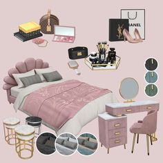 a bedroom with pink and gold decor, including a bed, vanity, mirror, stools and other items