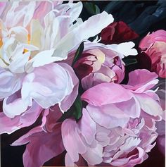 an oil painting of pink and white flowers