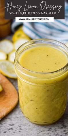 Lemon vinaigrette salad dressing in a mason jar Honey Salad Dressing, Lemon Salad Dressings, Resep Vegan, Lemon Vinaigrette Dressing, Vinaigrette Dressing Recipe, Salad Dressing Recipes Healthy, Honey Mustard Vinaigrette, Citrus Vinaigrette, Salad Dressing Recipes Homemade