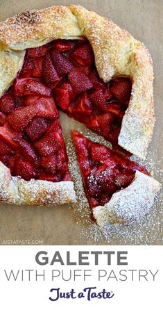 A top-down view of a strawberry galette made with puff pastry. Galette With Puff Pastry, Homemade Pie Dough, Strawberry Puff Pastry, Rhubarb Galette, Strawberry Galette, Pastry Recipes Dessert, Puff Pastry Recipes Dessert, Pastries Recipes Dessert