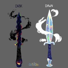 two different types of swords are shown in this image, one is black and the other is blue