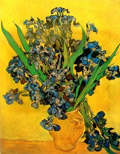 a painting of blue flowers in a yellow vase on a table with an orange background