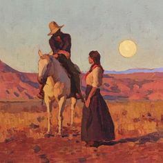 a painting of two people riding horses in the desert