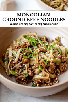 This Gluten Free Mongolian Beef Noodles recipe is made with juicy ground beef, gf noodles, and a savory, slightly sweet sauce. It’s soy-free, added sugar-free, and AIP-friendly, and perfect for a quick and easy dinner! #mongolianbeef #glutenfreedairyfreedinner #glutenfreerecipes #onepotdishes #onepotmeals #easydinnerrecipes #quickdinnerrecipes #weeknightdinnerrecipes #comfortfood #easyrecipes #quickrecipes