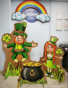 two children are standing in front of a pot of gold coins and a lepreite