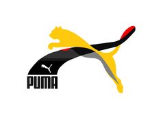 the logo for puma with a cat on it's back legs and an orange tail