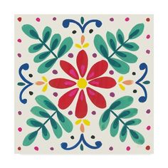 a square tile with colorful flowers and leaves in the center on a white background,