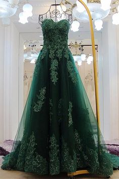 Sweetheart Long Lace Green Sweep Train Lace Up Prom Dresses Long Lace Prom Dresses, Evening Dresses Lace, Prom Dresses Green, Lace Prom Dresses, Prom Dresses Long Lace, Modest Prom, Floor Length Prom Dresses, Up Party, Dresses Green