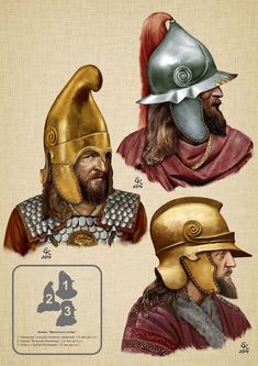 three different types of helmets with numbers and symbols on the front, one in gold