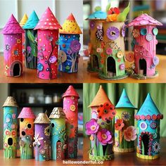 there are many colorful houses made out of cardboards and paper machics on the table