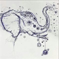 an elephant with stars on its head and some beads hanging from it's trunk