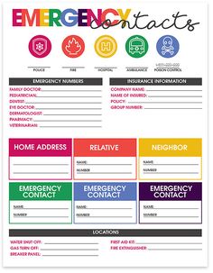 an emergency contact form is shown with colorful circles and symbols on the front of it