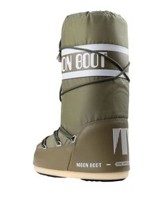 the moon boot in olive green with white stripes on the front and side, is shown