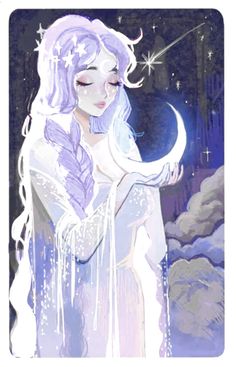 a drawing of a woman with white hair and blue eyes standing in front of a night sky