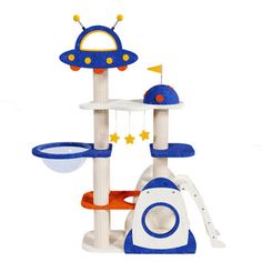 a cat tree with two cats on top and a toy rocket ship in the middle