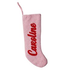 a pink christmas stocking with the word chocolate printed on it and red writing underneath