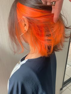 Yellow Highlights Hair, Red Hair With Orange Underneath, Bob With Peekaboo Color, Peekaboo Bob, Orange And Black Hair, Hair Orange