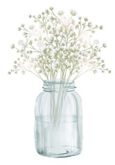 a glass jar filled with white flowers on top of a table