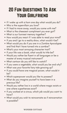 a question card with the words 20 fun questions to ask your girlfriend on it's back