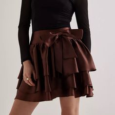 Brand New With Tag Mini Skirt, Size Medium - Brown Flowy Lined Mini Skirt, Non-stretch Ruffled Mini Skirt, Brown Cotton Mini Skirt, Brown Ruffled Mini Skirt, Brown V-neck Mini Dress With Ruffle Hem, Bow Skirt, Anthropologie Skirt, Walker Boots, Fit N Flare Dress