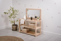 a bathroom with a mirror, sink and shelf next to a potted plant on the floor