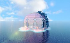 an ice house floating in the middle of the ocean with trees growing out of it