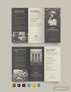 an open tri fold brochure with black and white images on it, in the middle