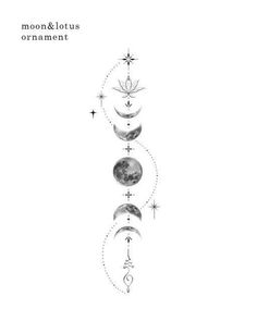 the moon and stars are drawn in black ink on a white background with an arrow