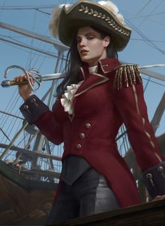 a woman in a red coat and hat holding a pair of scissors next to a pirate ship