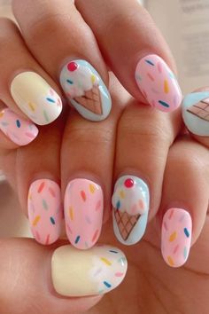 17 Ice Cream Nail Designs That Scream Fun in the Sun - Nails Ice Cream, Nails Ice, Nail Details, Cream Nail Art, Ice Cream Nails, Fruit Nail, Cream Nail