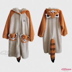 Qteee - Adorable Cartoon Red Panda Plush Hooded Pajamas Robe - Quirky and Comfortable Hooded Cotton Winter Sleepwear, Hooded Cotton Sleepwear For Winter, Hooded Sleepwear For Fall, Casual Long Sleeve Onesie For Bedtime, Winter Kawaii Long Sleeve Onesie, Casual Hooded Sleepwear For Fall, Comfortable Hooded Winter Sleepwear, Hooded Winter Onesie For Sleep, Winter Hooded Onesie For Sleep