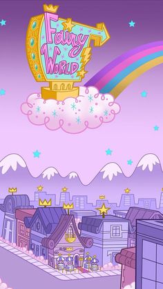 the cartoon is flying in the sky with a rainbow and stars on it's side