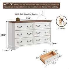 an image of a dresser with drawers and other measurements for the top drawer on it