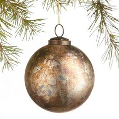 a metal ball ornament hanging from a pine tree