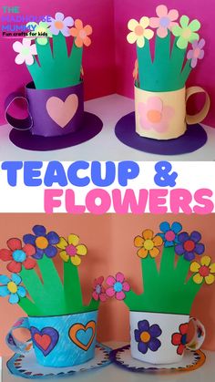 two paper cups with flowers in them and the words teacup & flowers on top