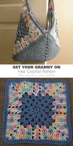 crocheted granny bag with the words get your granny on and free crochet pattern