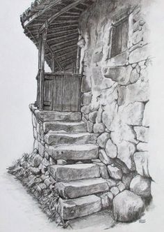 a pencil drawing of a stone house with steps leading up to the door and window