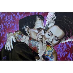 a painting of two people hugging each other with tattoos on their arms and chestes