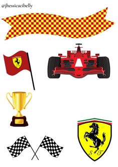 the ferrari logo is shown in red, yellow and black with checkered flags around it