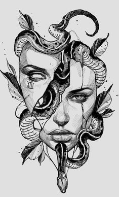 a drawing of a woman's face with snakes on her head