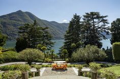 an orange car parked in the middle of a garden with trees and mountains behind it