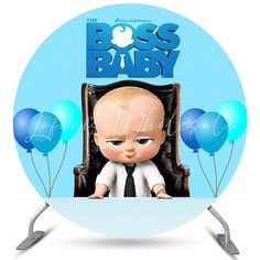 the boss baby character is sitting in a chair with blue balloons around his neck and head