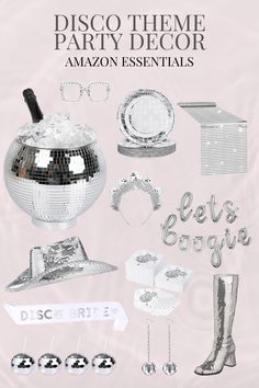 Disco Ball Themed Party Bachelorette Birthday Amazon Essentials Disco Outfit Disco Ball Nye Decor, Disco Hen Party Theme, Last Disco Birthday Party, Cowboy Disco Party Decorations, Silver Disco Birthday Party, White And Silver Disco Party, Mid 20s Birthday Party Ideas, Disco Ball Party Outfit, Disco Theme Birthday Party Outfit