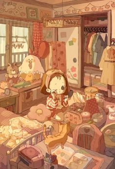 a girl is standing in the middle of a room with stuffed animals on the floor